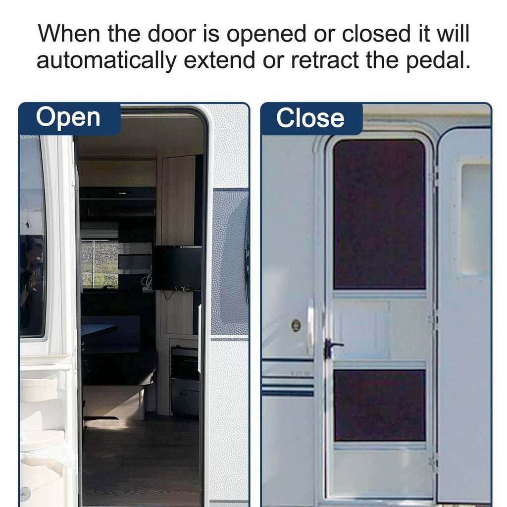 RV entry door and step area showing open and closed positions