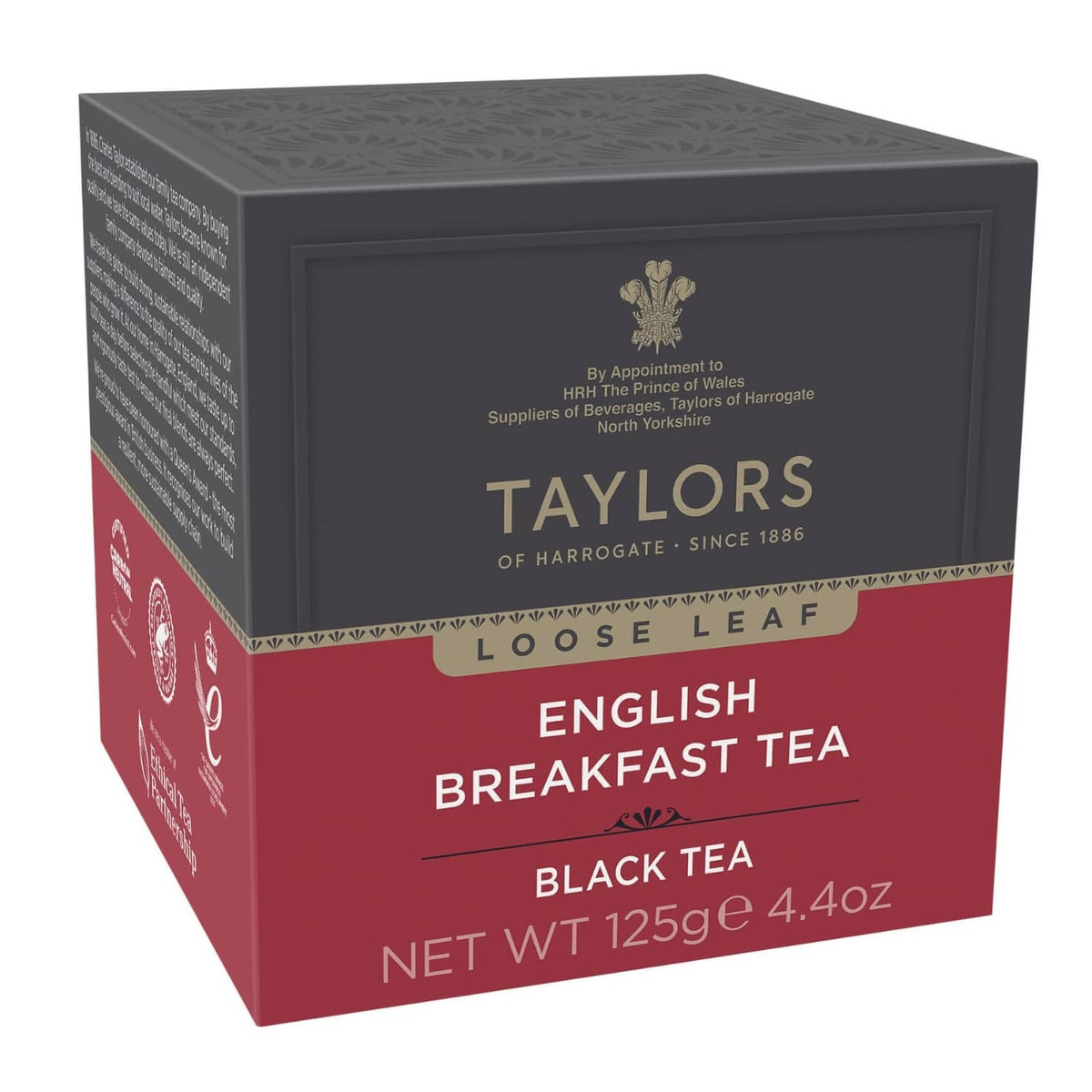 Taylors of Harrogate English Breakfast loose leaf tea carton, black tea label