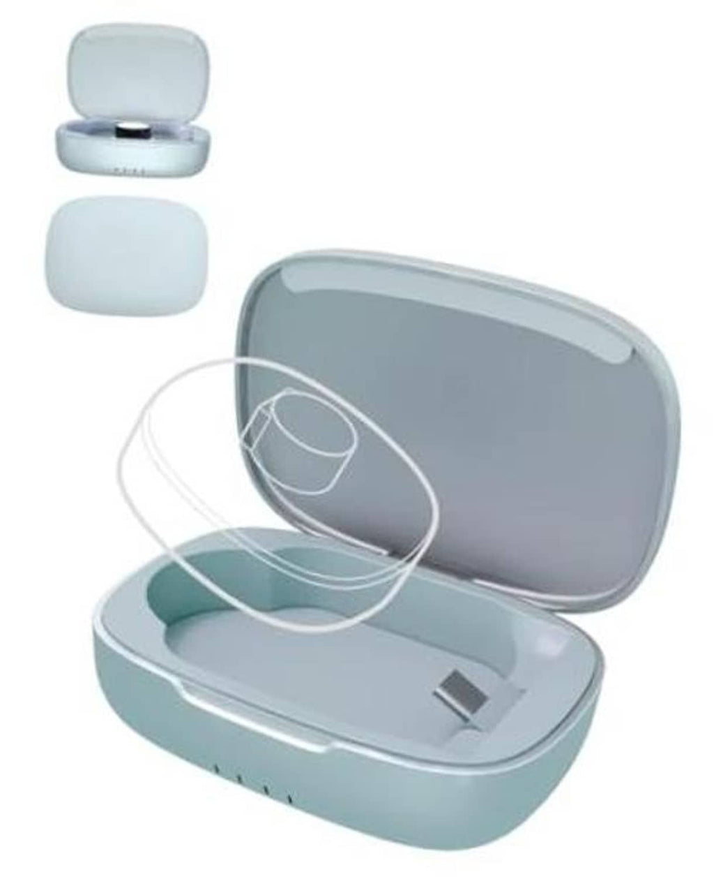 Blue charging case with lid open, showing inner charging cradle for compatible rings