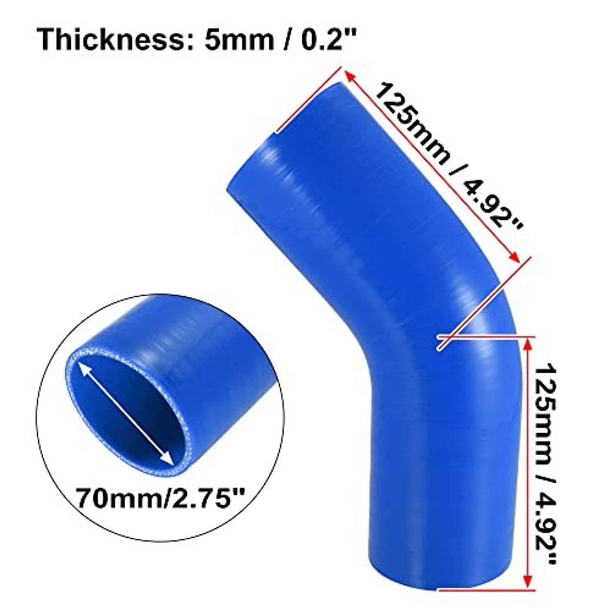 Blue 45-degree silicone hose elbow, 70mm ID, 5mm wall thickness, 125mm length