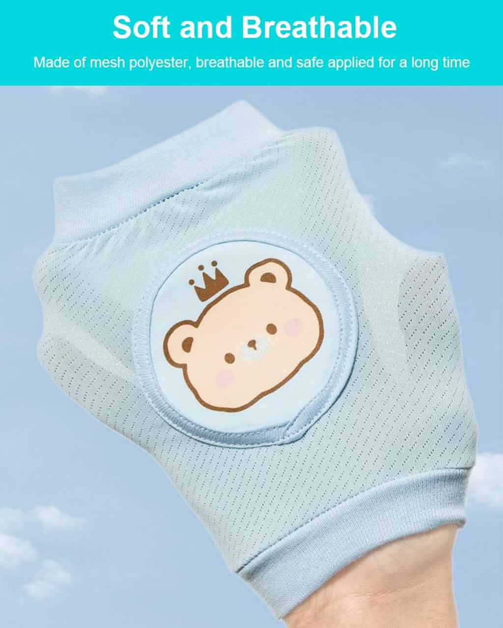 Light blue baby knee pads with bear patch and breathable textured fabric