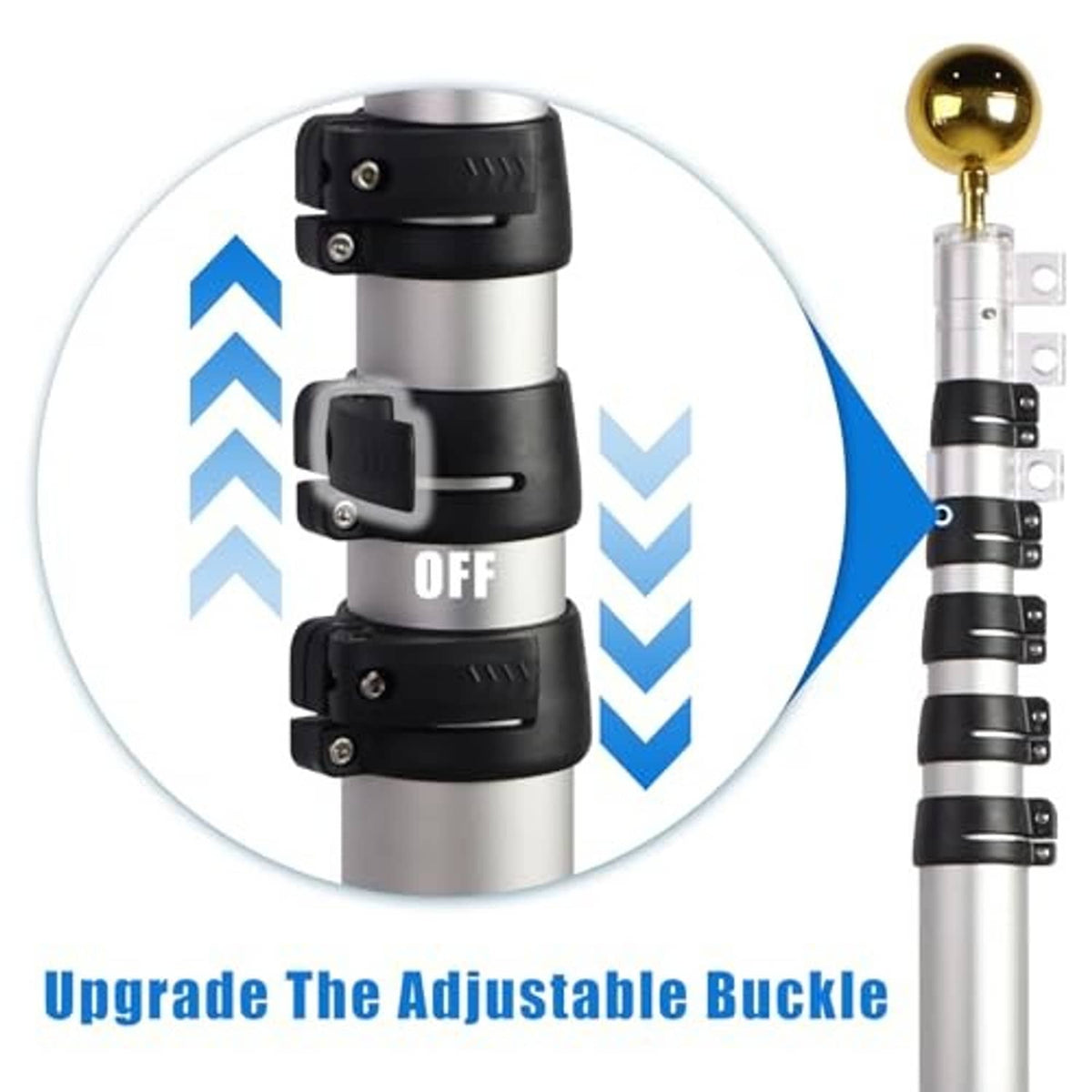 Adjustable buckle on silver telescopic pole with black clamps; OFF position shown