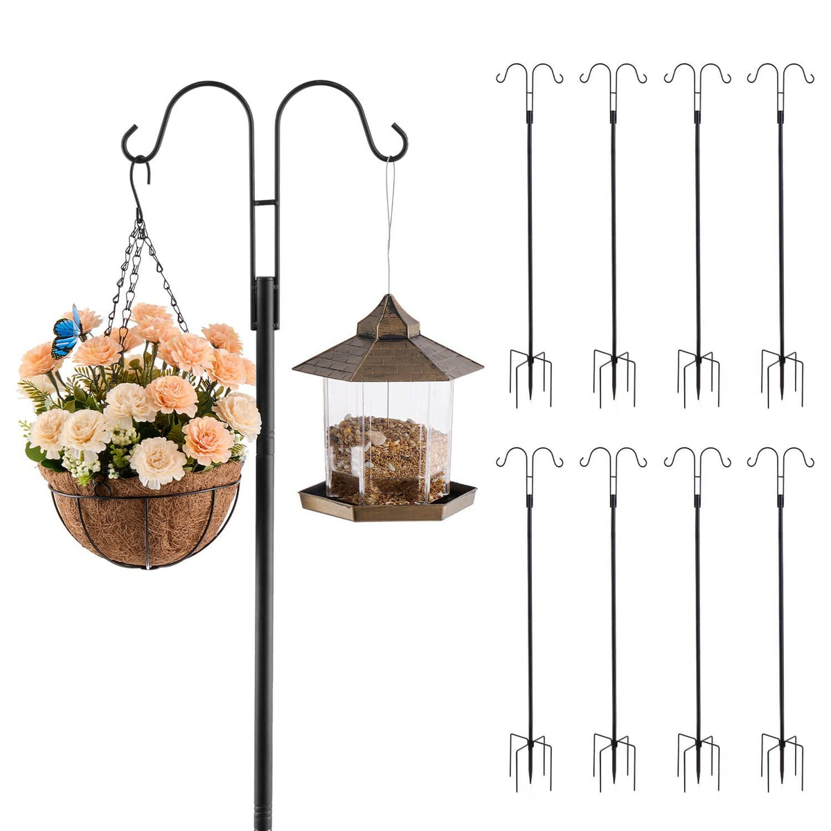 Set of multiple black bird feeder poles with dual hooks and ground spike bases