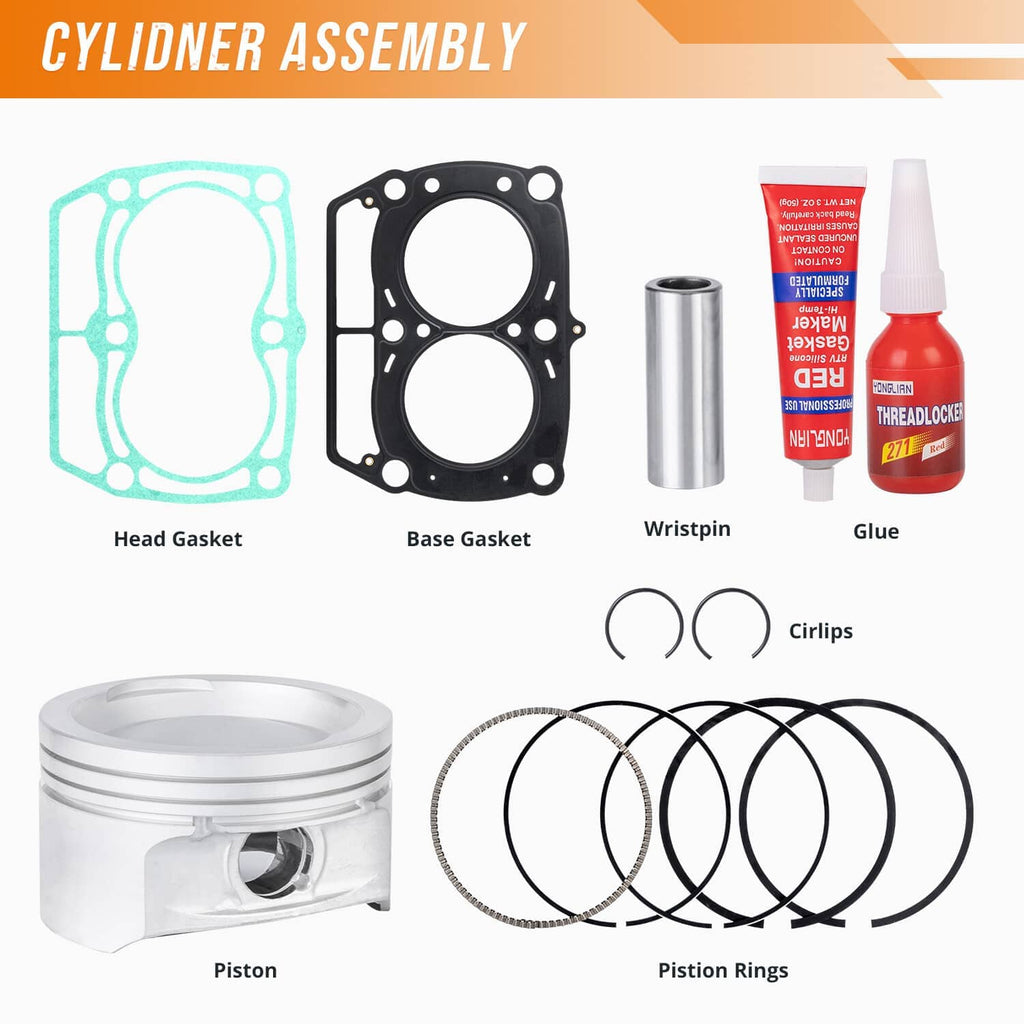 Cylinder assembly parts: head gasket, base gasket, wrist pin, piston, piston rings