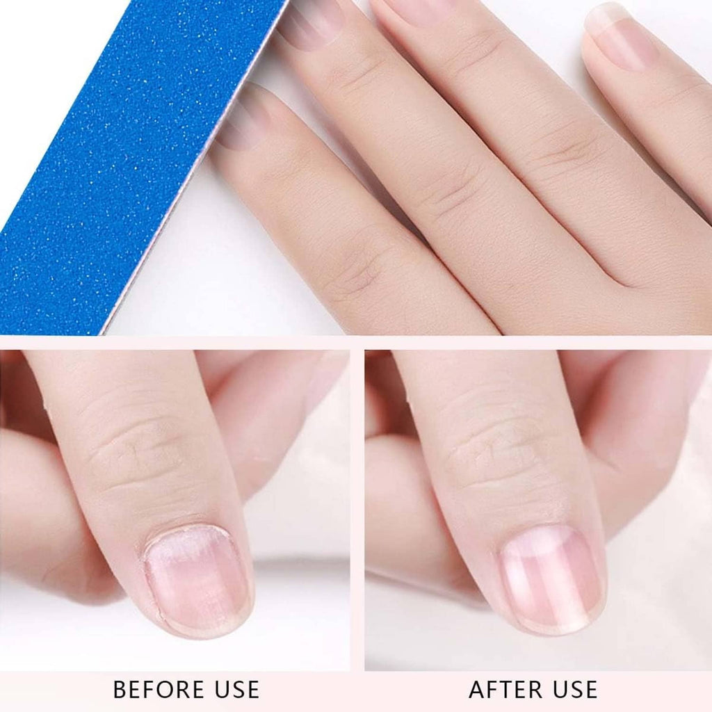 Mini emery nail file in blue being used to smooth nails on fingertips