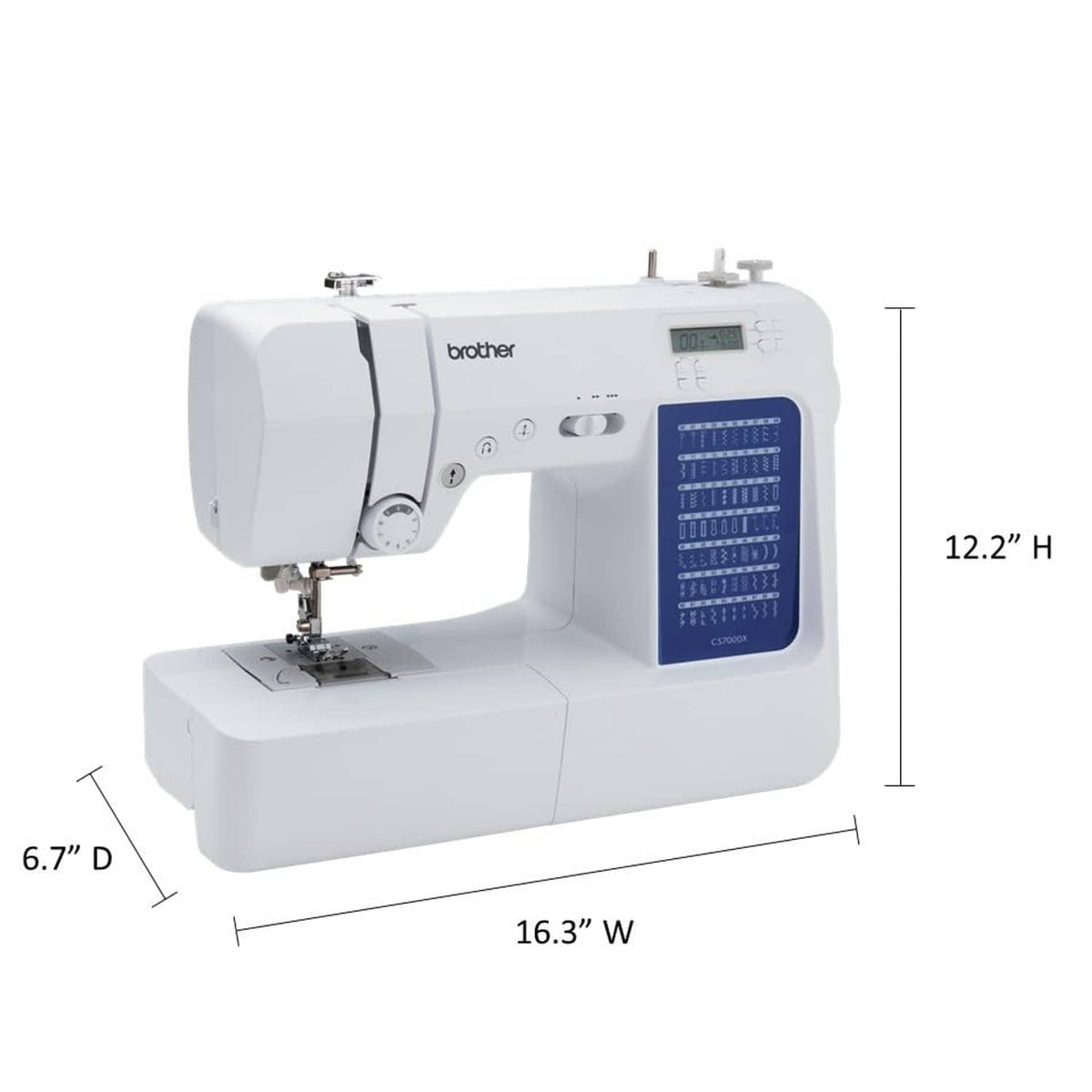 White sewing and quilting machine with size dimensions diagram, 16.3W x 12.2H in