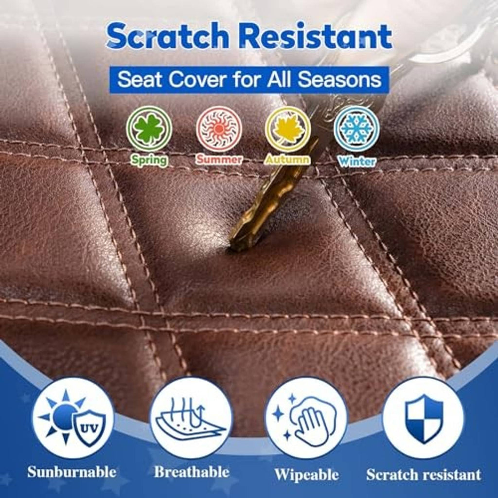Brown diamond-quilt seat cover close-up with double stitching and textured surface