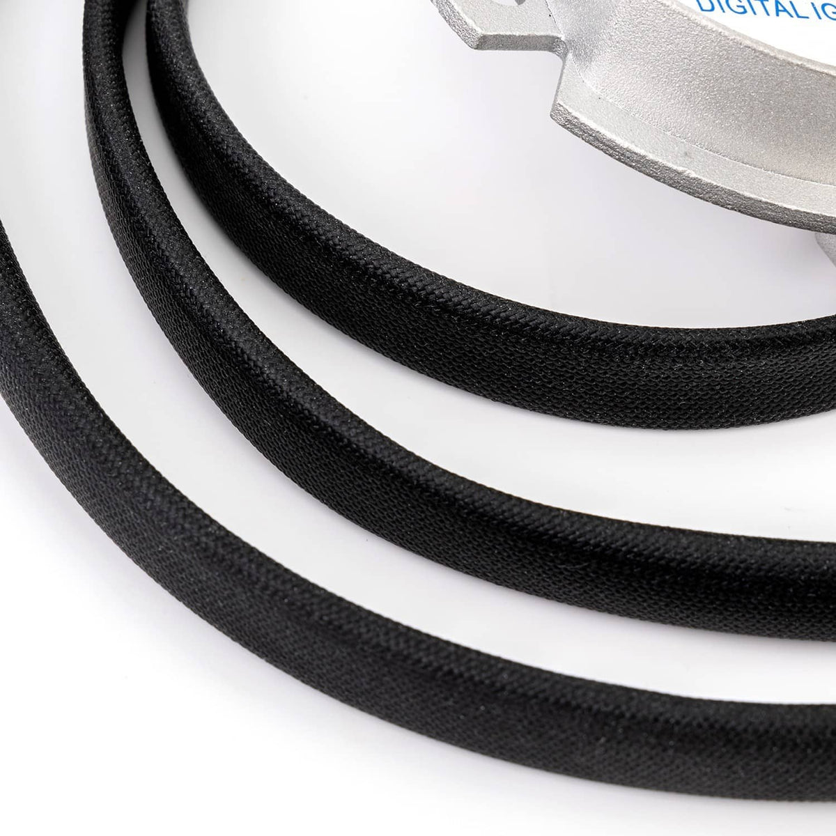 Black braided cable loops from ignition module, textured jacket