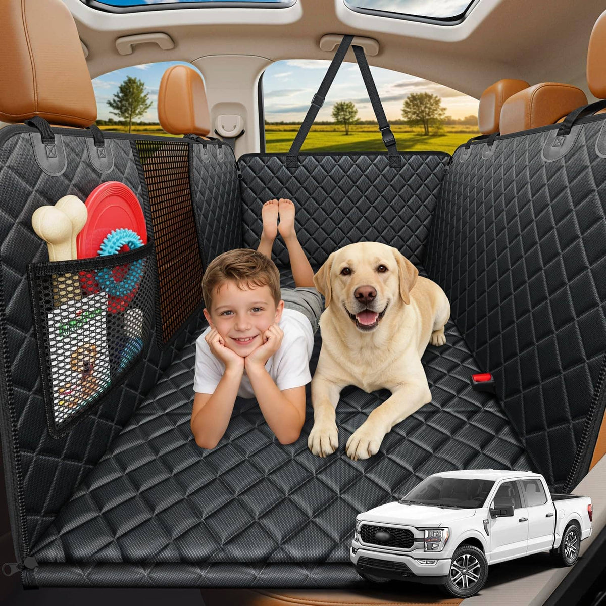Black quilted dog backseat extender with child and lab retriever on cargo mat
