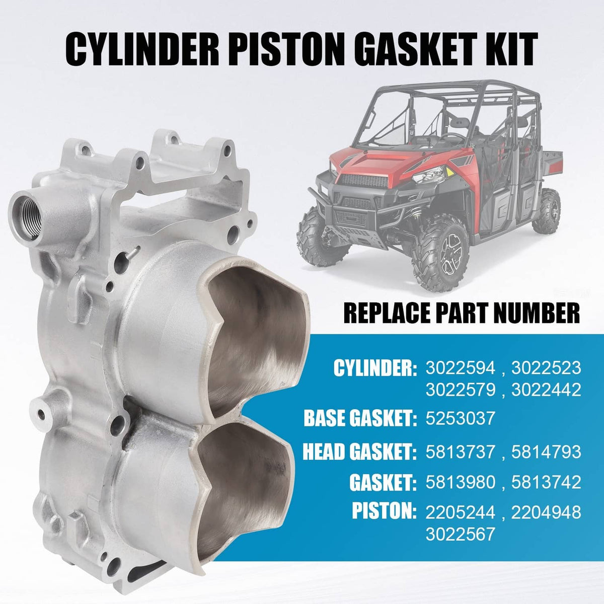 Cast aluminum cylinder with piston gasket kit parts shown together