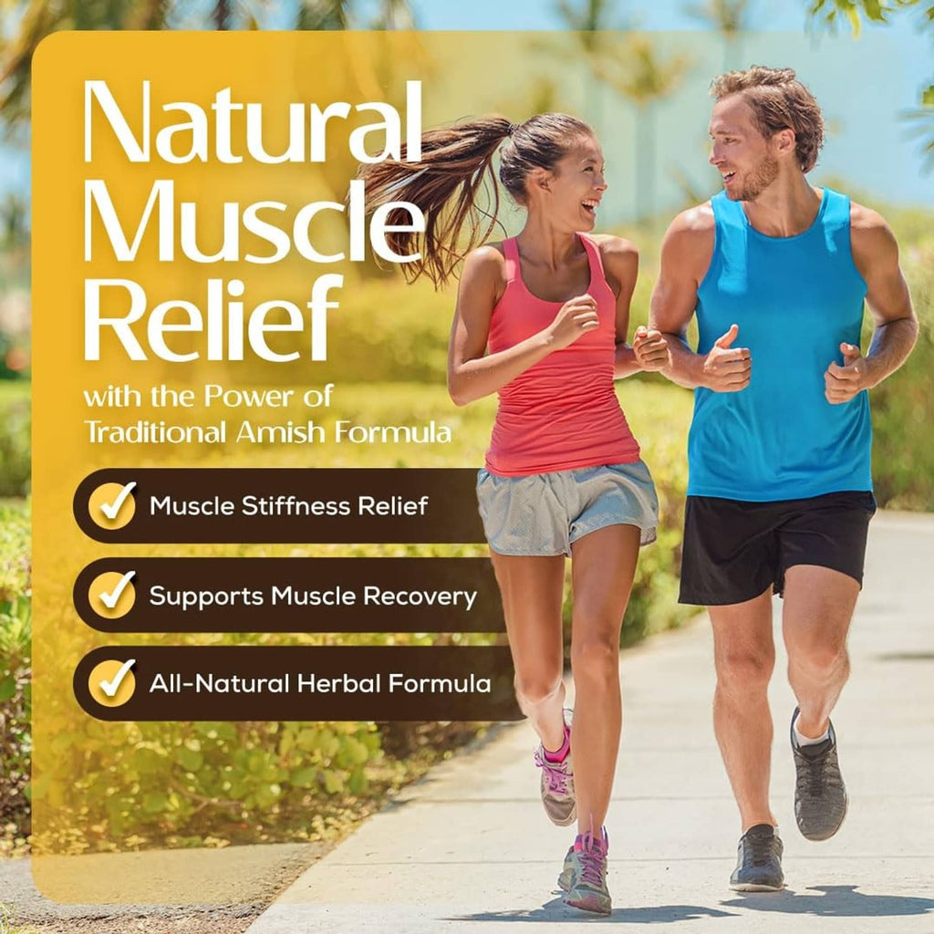 Old Amish Muscle Tonic supplement with natural muscle relief theme
