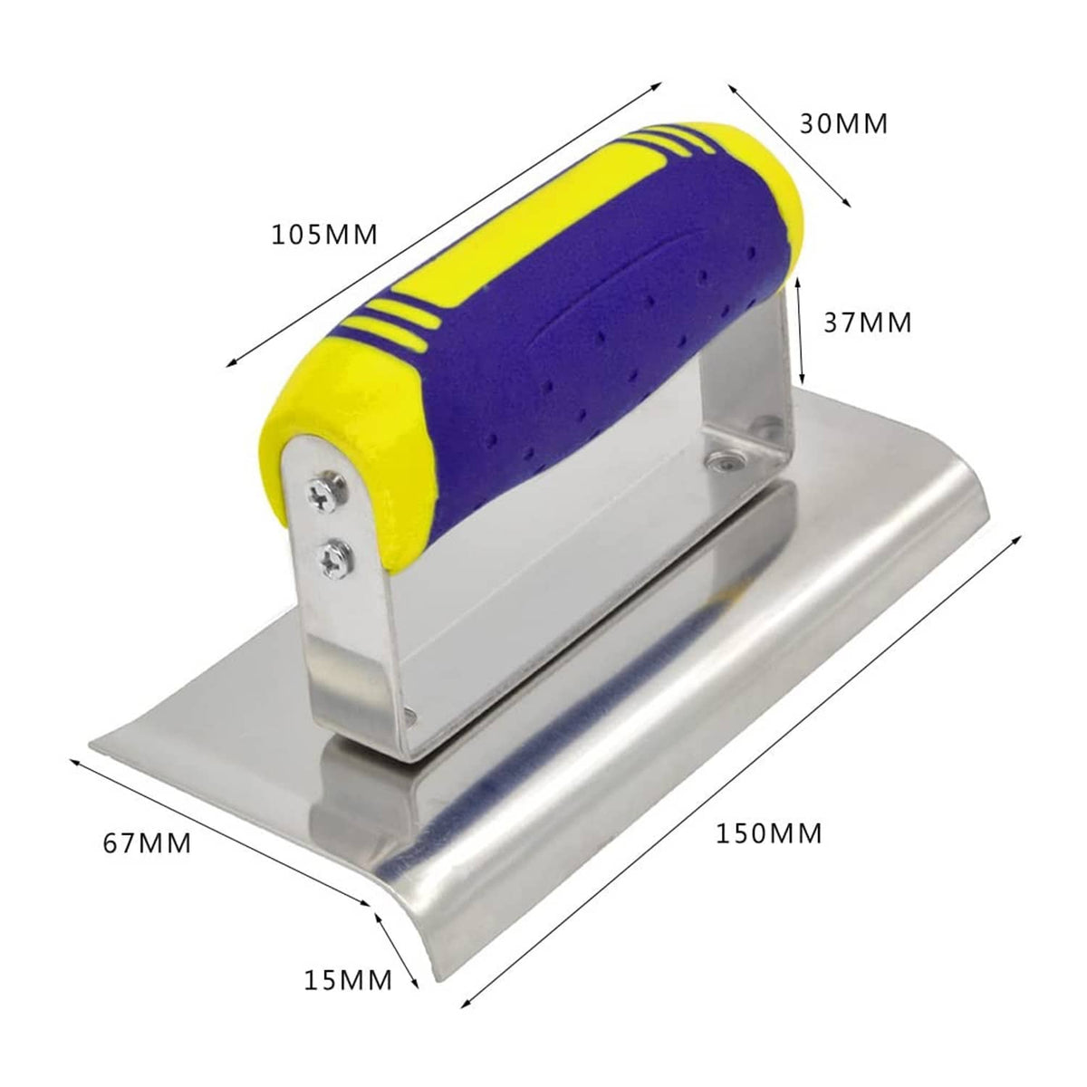 Stainless steel hand edger tool with yellow-and-purple grip and flat metal base plate.