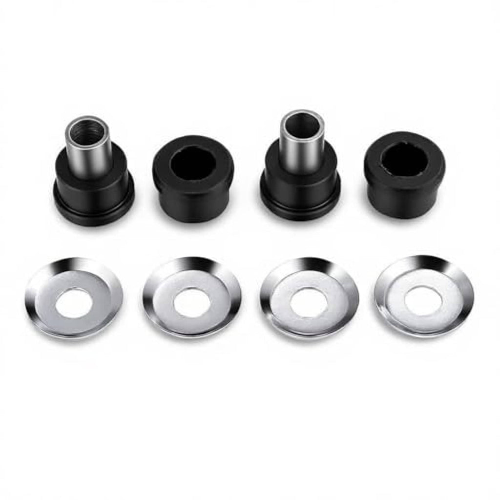 Motorcycle handlebar riser bushings kit: black bushings and chrome washers with center holes.