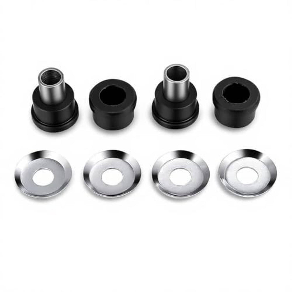 Motorcycle handlebar riser bushings kit: black bushings and chrome washers with center holes.