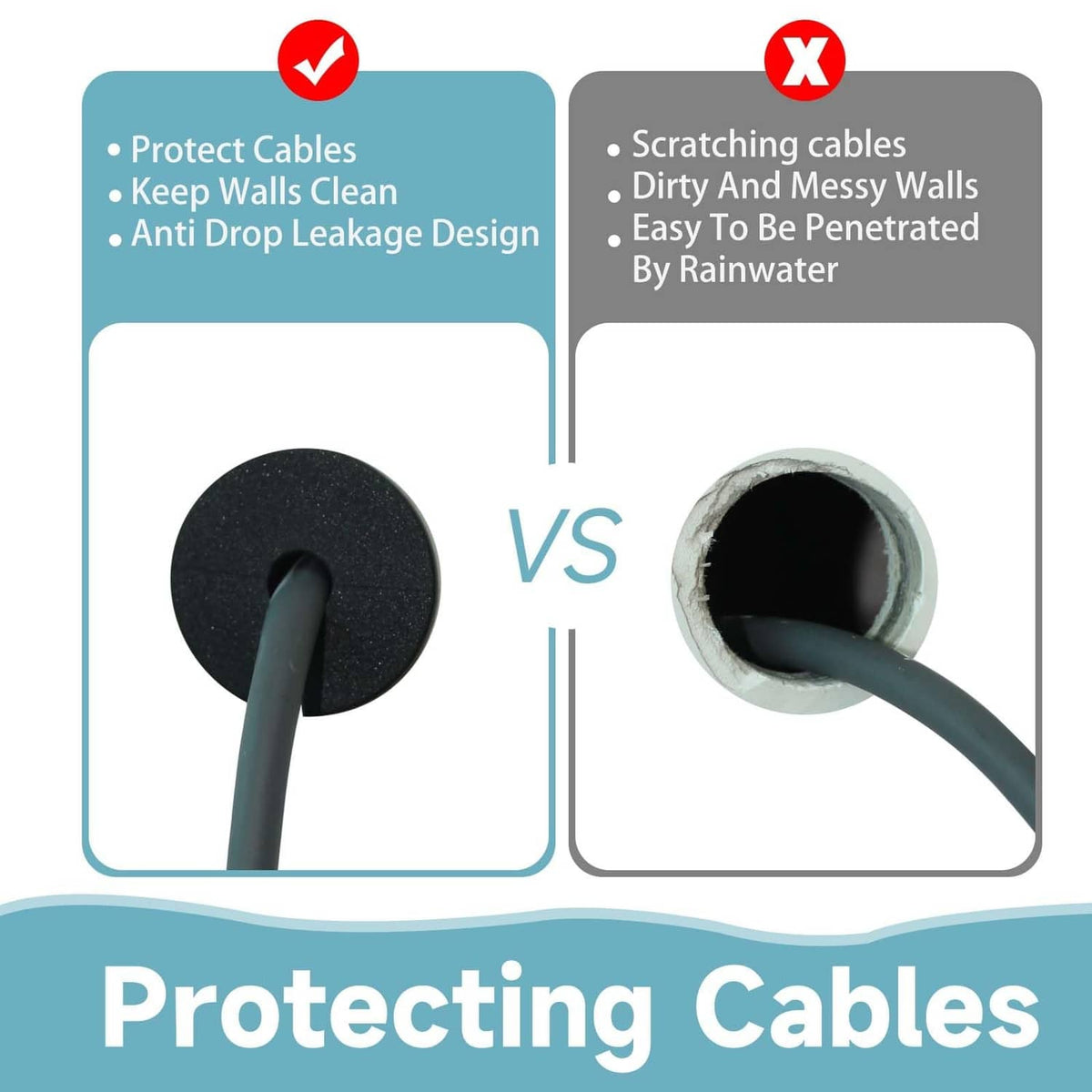 Black cable protection cover for wall cable entry with threaded surface