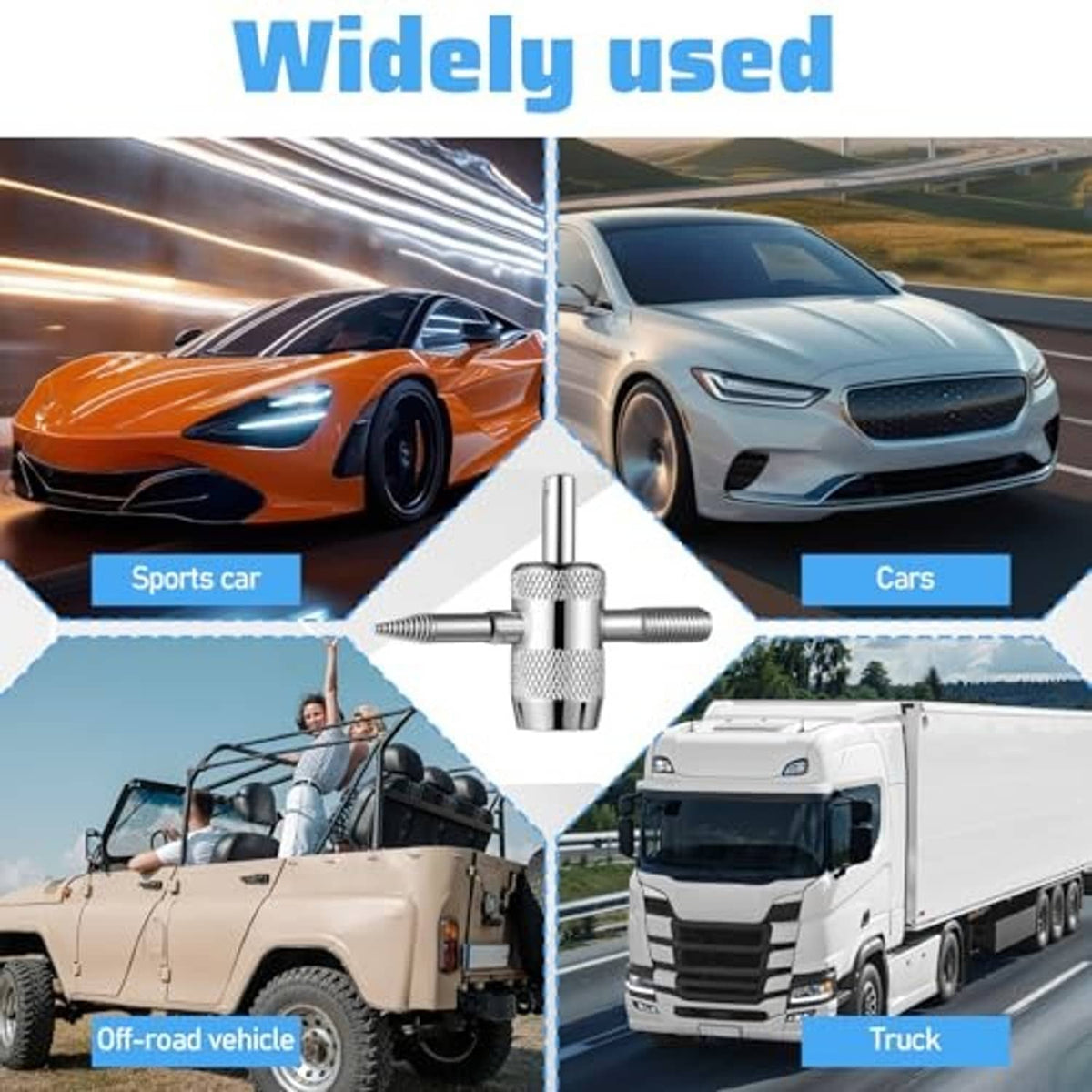 Chrome 4-way tire valve core tool shown among vehicles