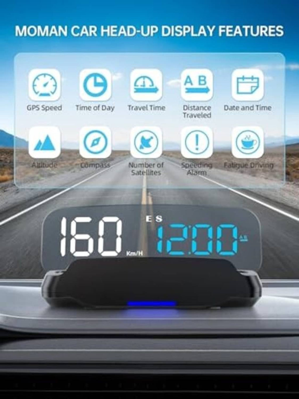 Car head-up display projecting speed 160 and time 12:00 on the road view