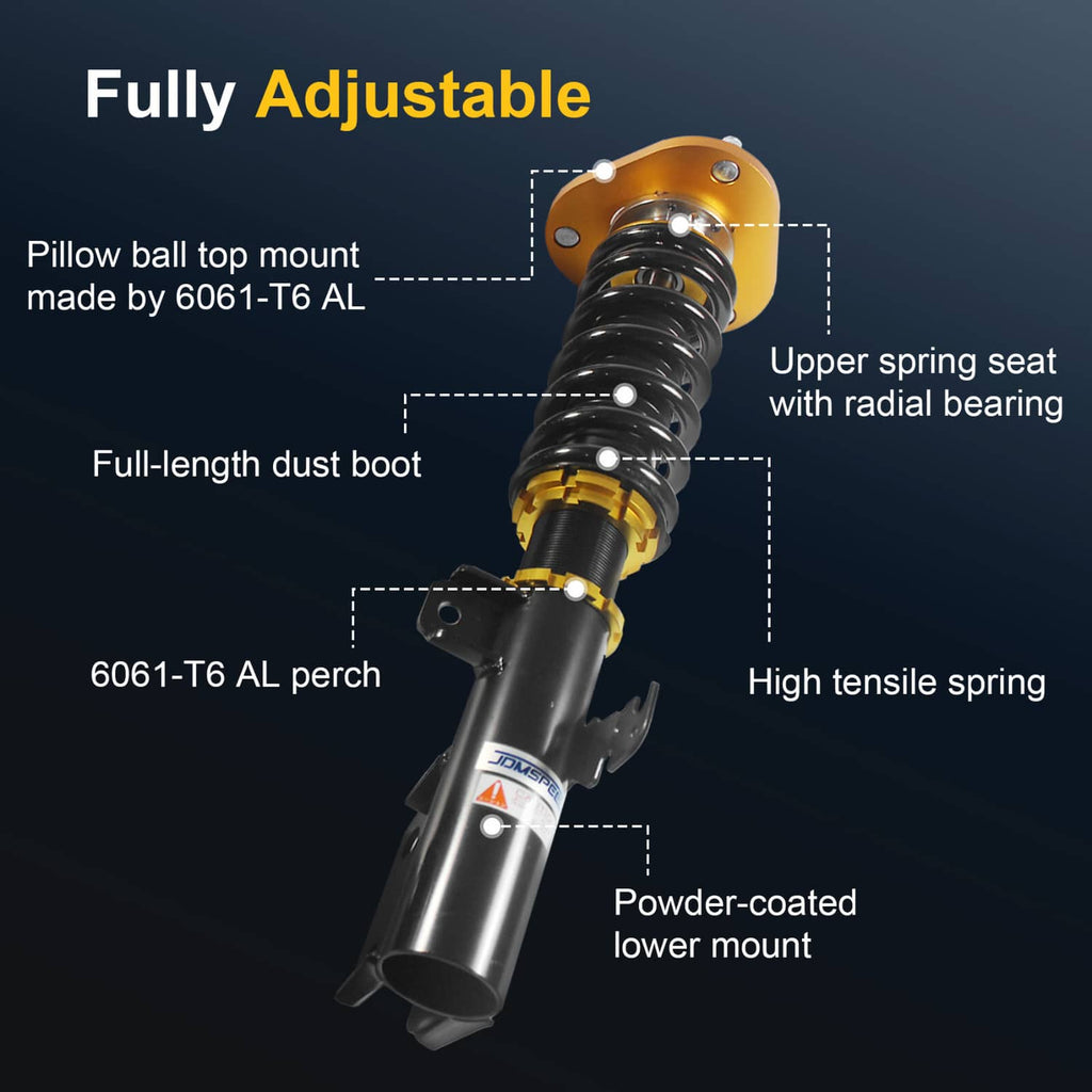 Fully adjustable coilover strut with gold upper spring seat and black dust boot