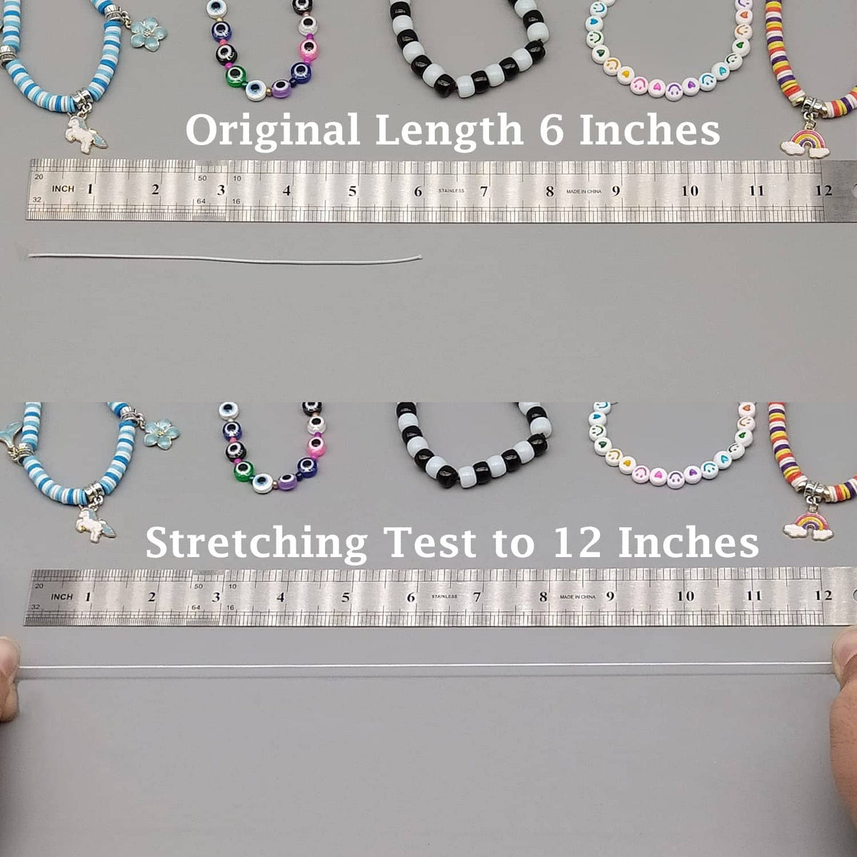 Elastic string for bead bracelets shown with ruler measurements and stretched cord