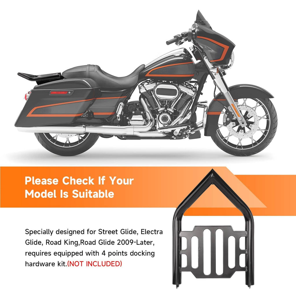 Touring motorcycle with rear black two-up luggage rack and slatted platform