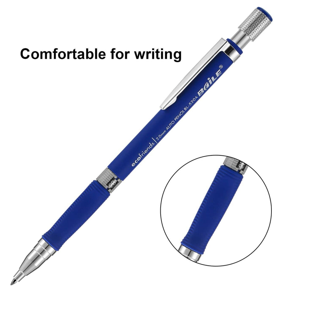 Blue 2.0mm mechanical pencil with textured grip and retractable metal tip