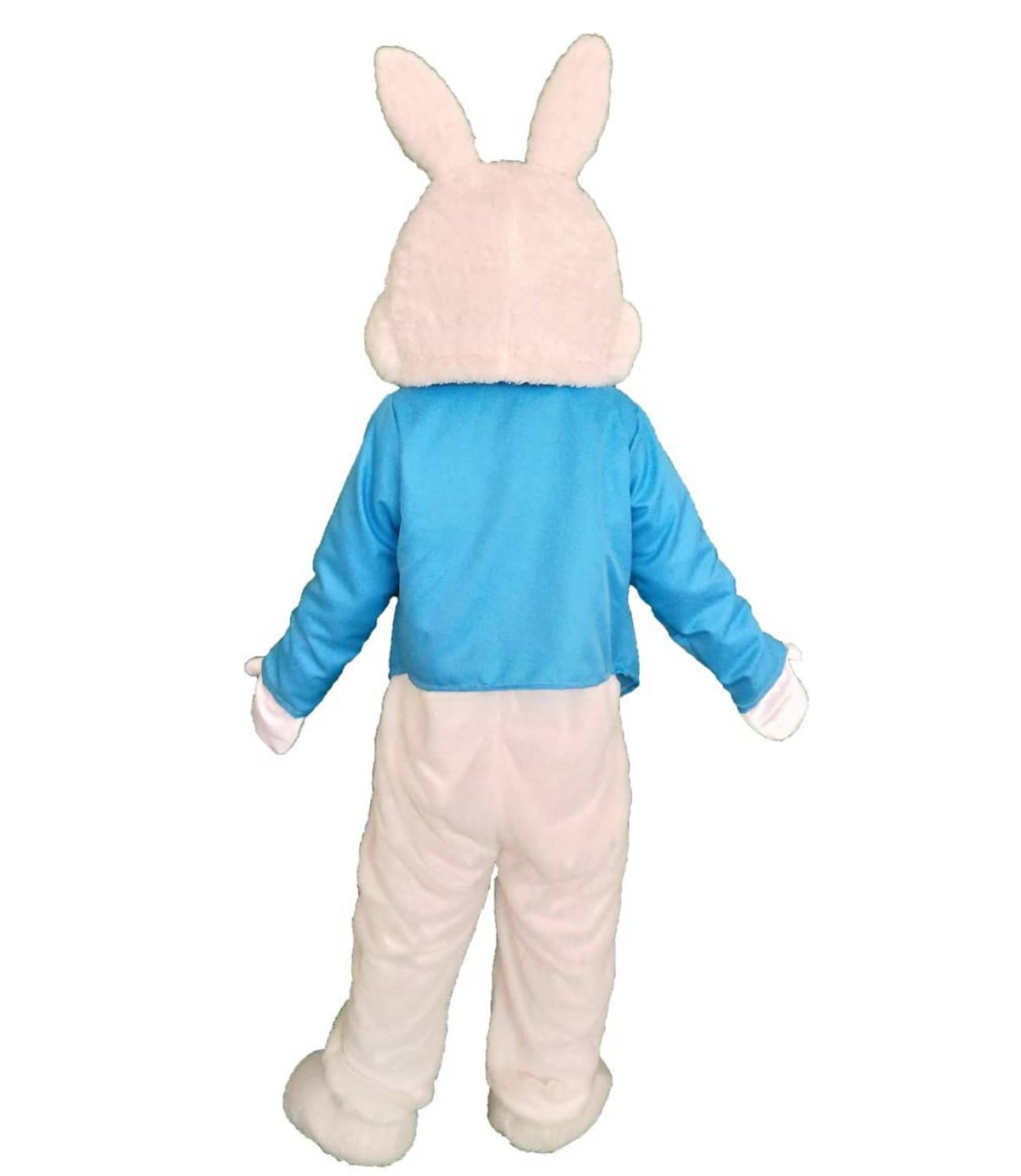 Easter rabbit mascot costume back view with blue jacket and beige padded pants