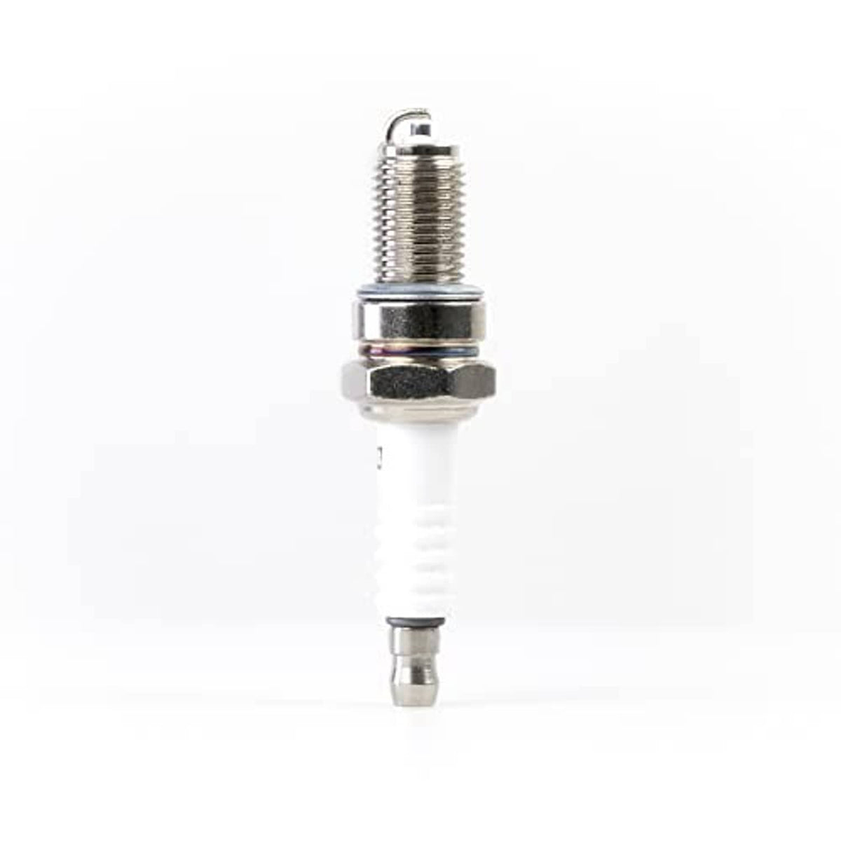 Metal spark plug with white insulator and threaded electrode