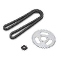 Black roller chain, silver front/rear sprockets, and small gear accessory on white