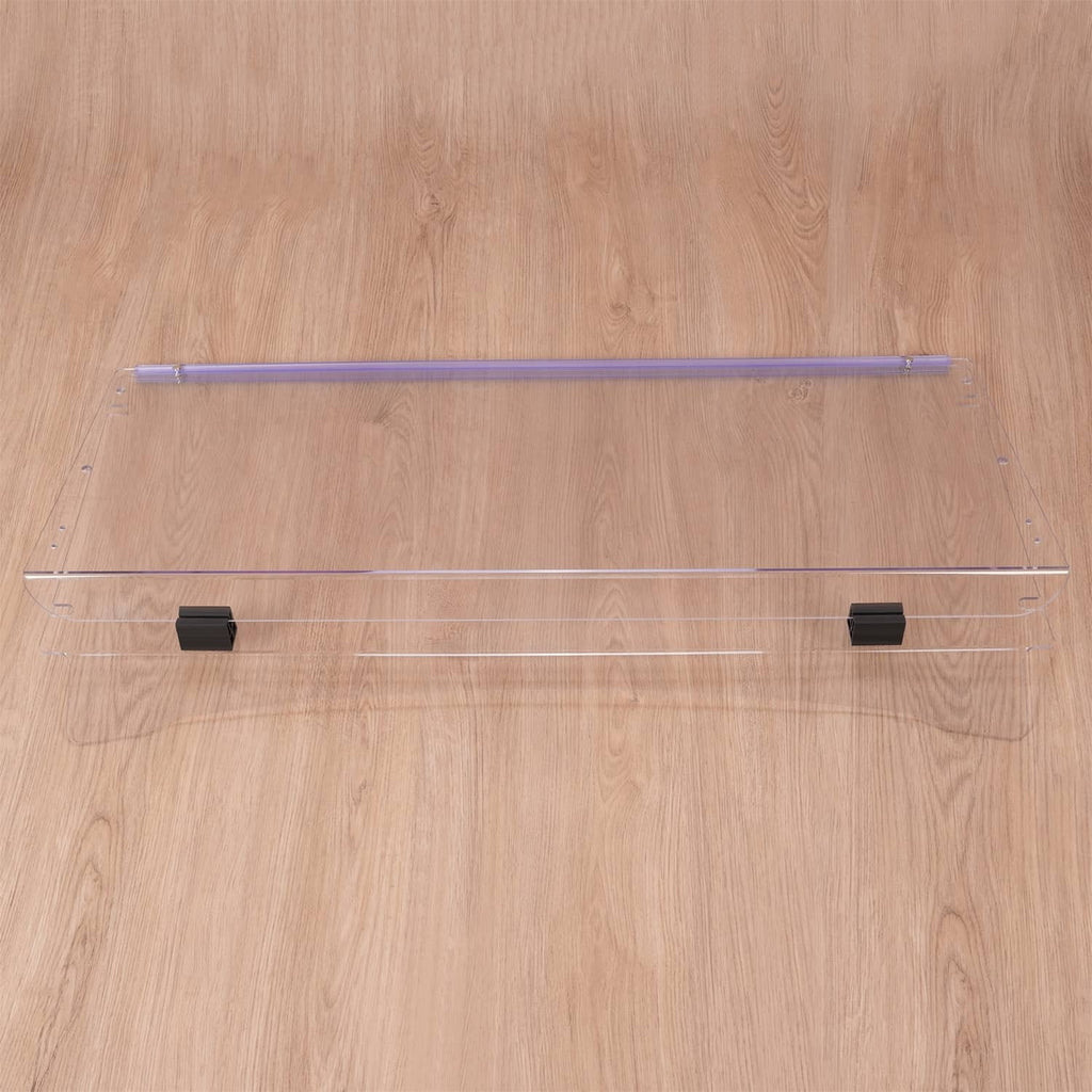 Clear folding windshield panel with purple frame and two black mounting brackets