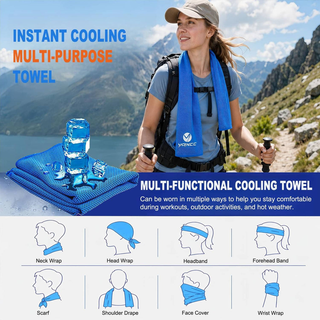 Blue cooling towel worn on neck by backpacker, folded for outdoor use