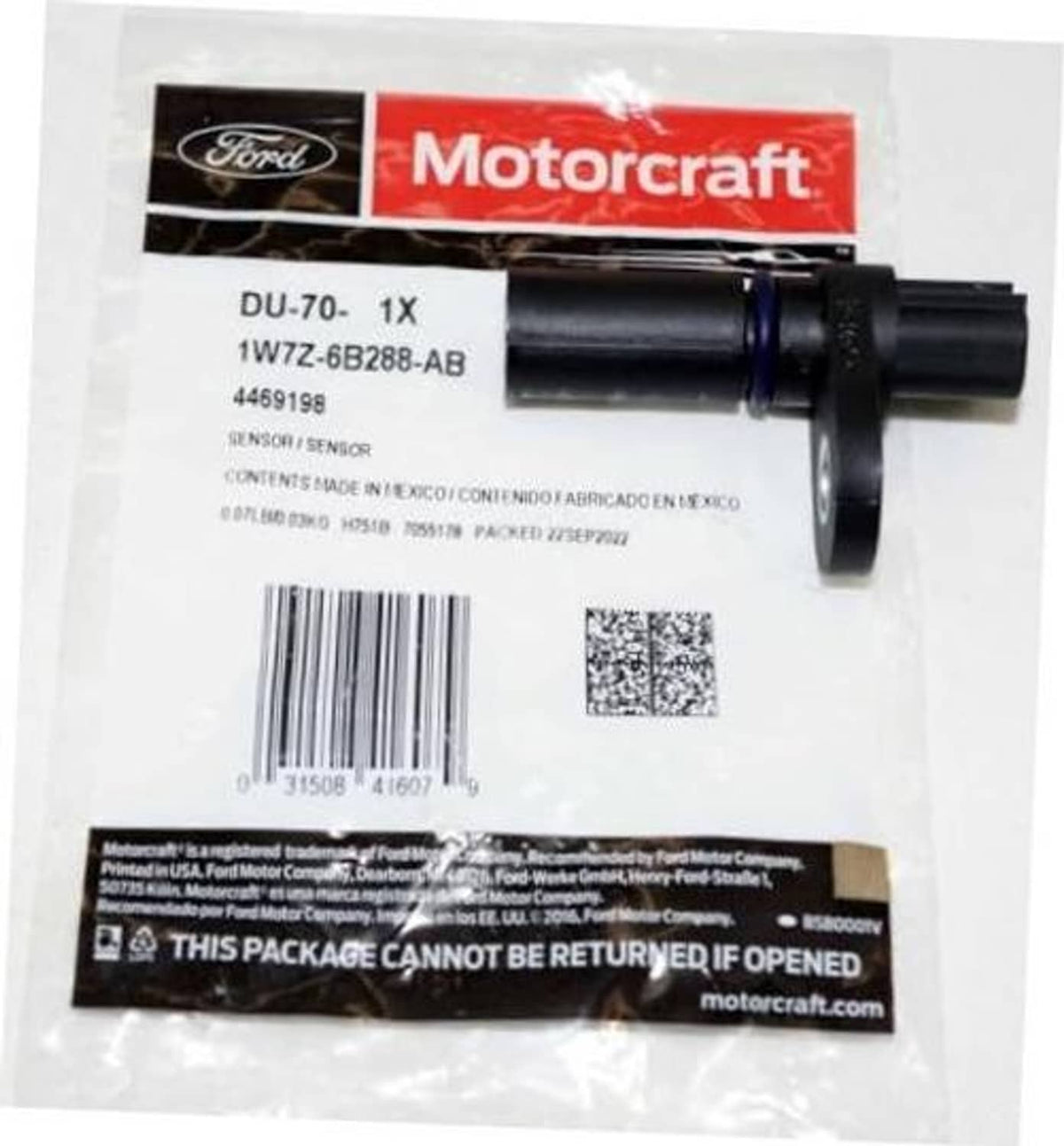 Camshaft position sensor with black plastic body and blue insulator ring