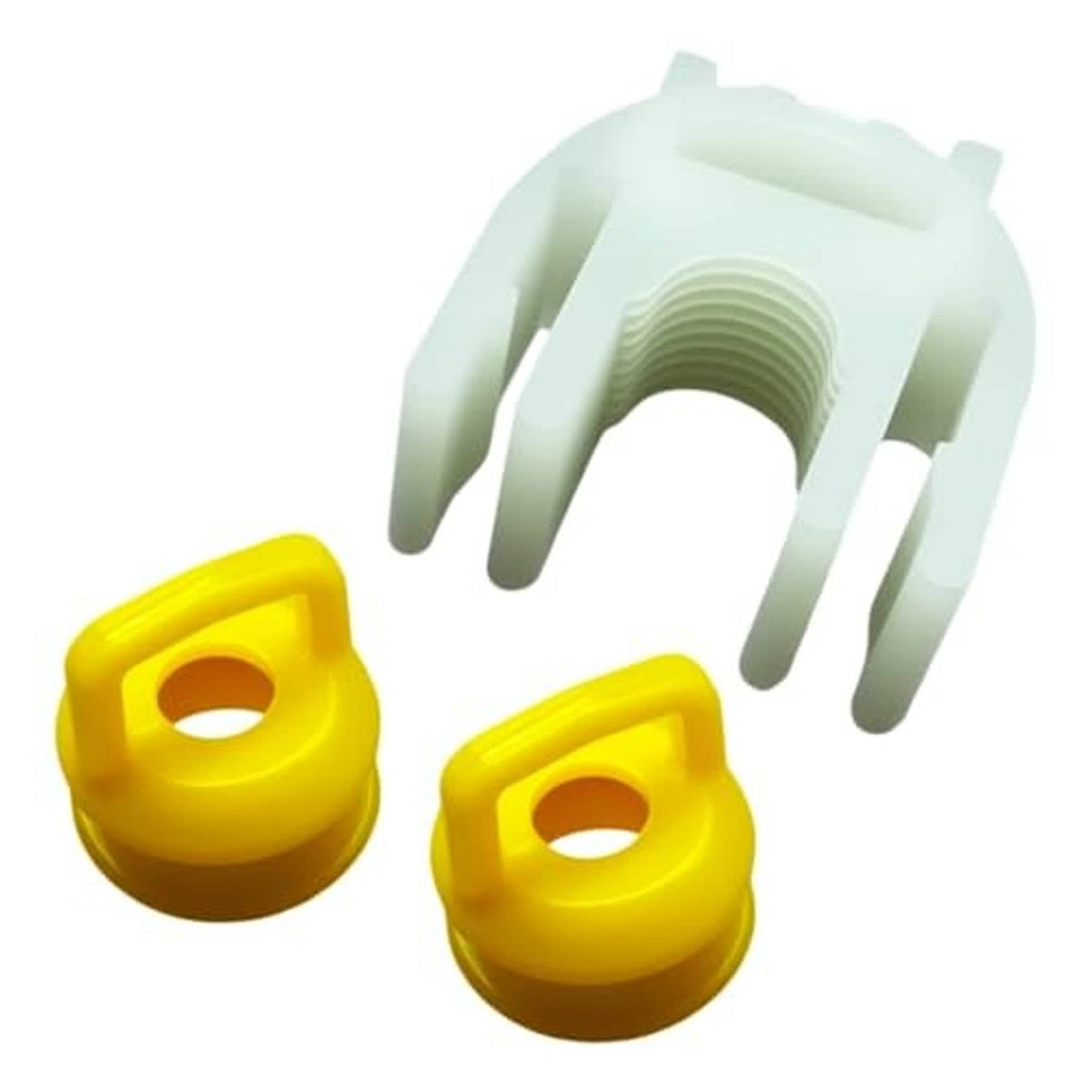 Transmission shifter linkage bushing kit: white fork bushing with two yellow caps