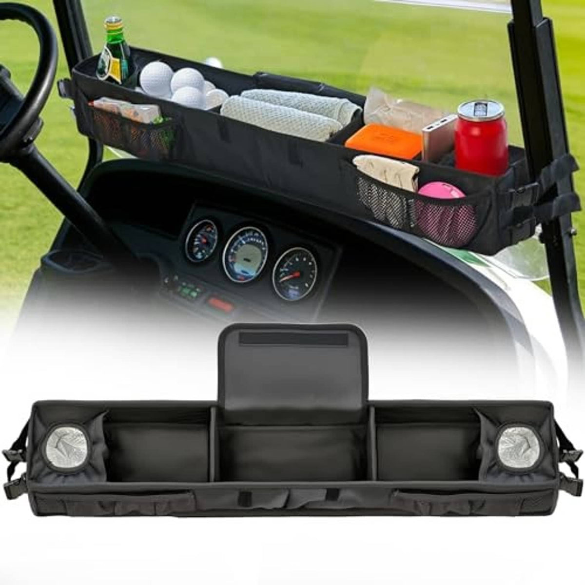 Black front golf cart storage basket with organizer dividers and mesh side pockets