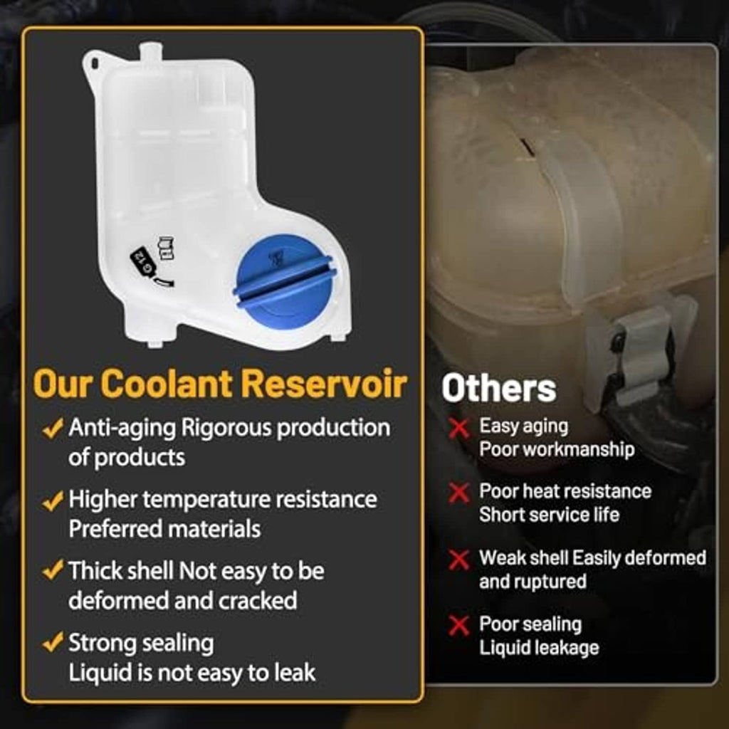 White coolant expansion reservoir with blue cap and side mounting tab