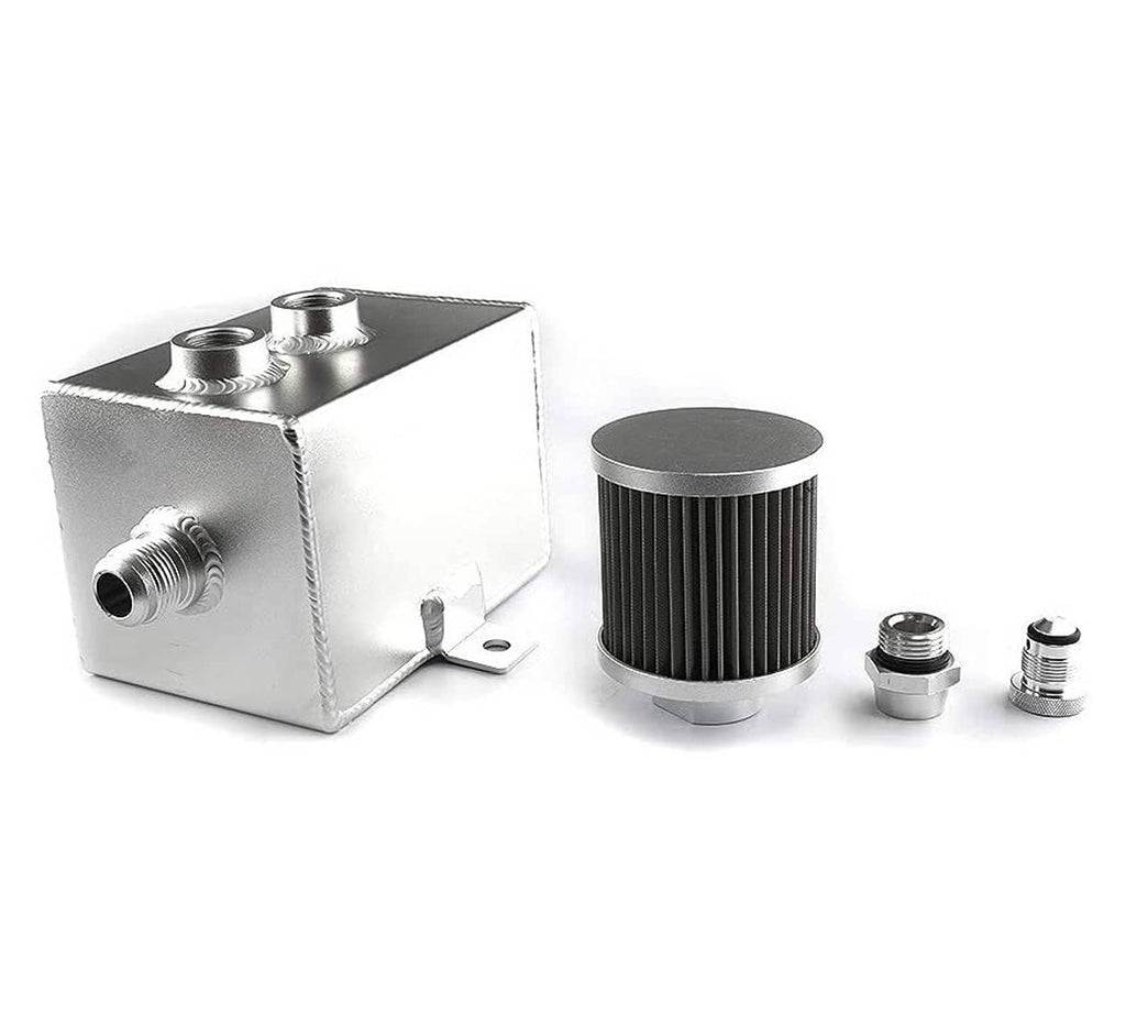 Oil catch can tank with breather filter and accessory fittings, detached pieces