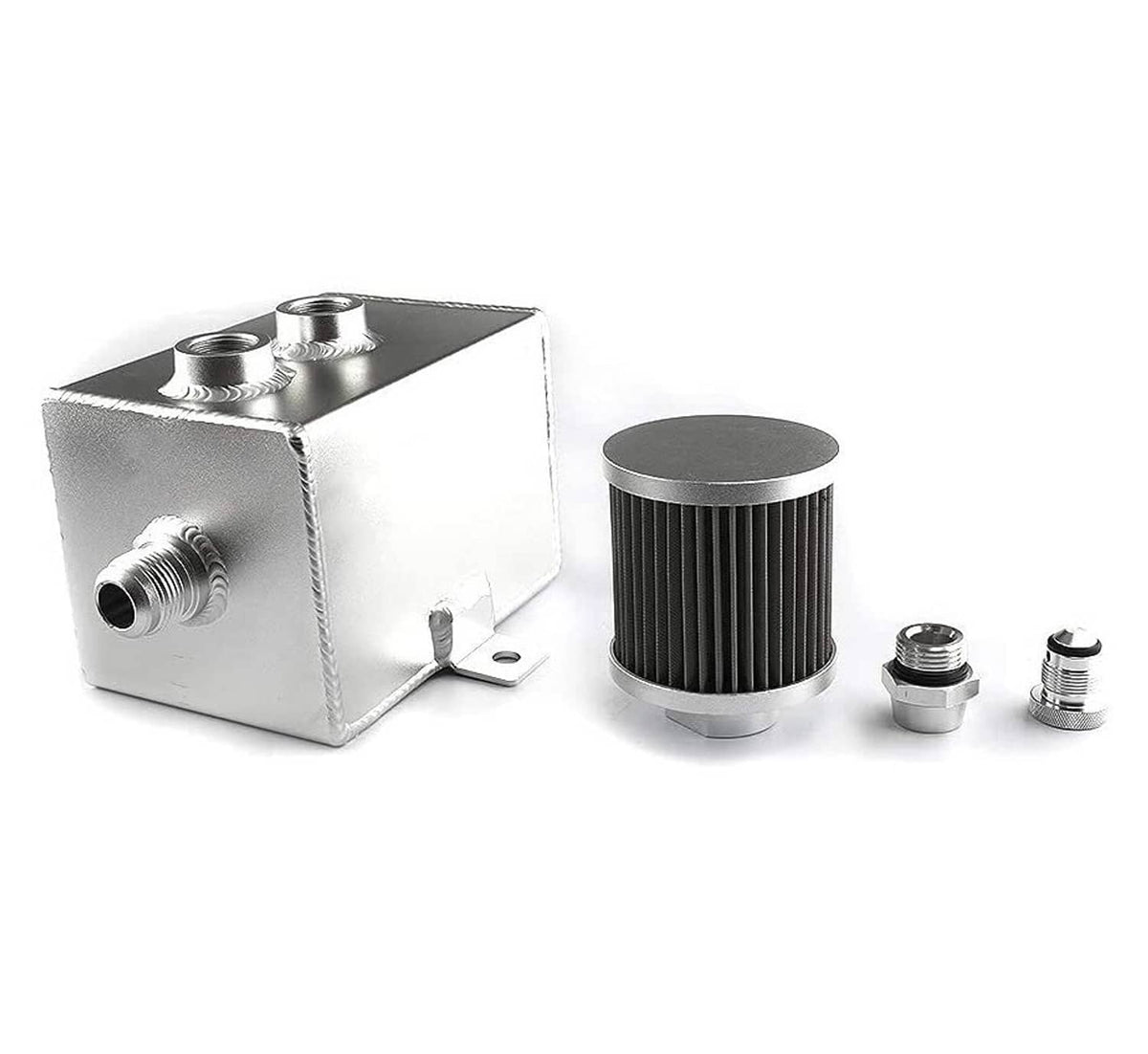 Oil catch can tank with breather filter and accessory fittings, detached pieces