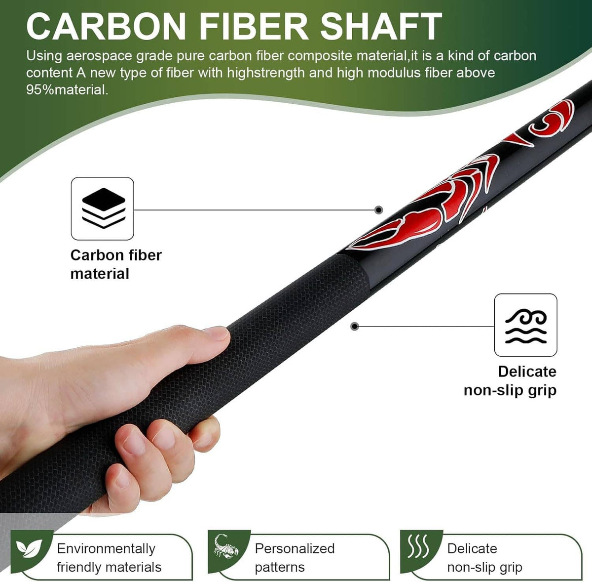 Carbon fiber billiard cue with black textured grip and red swirl decal