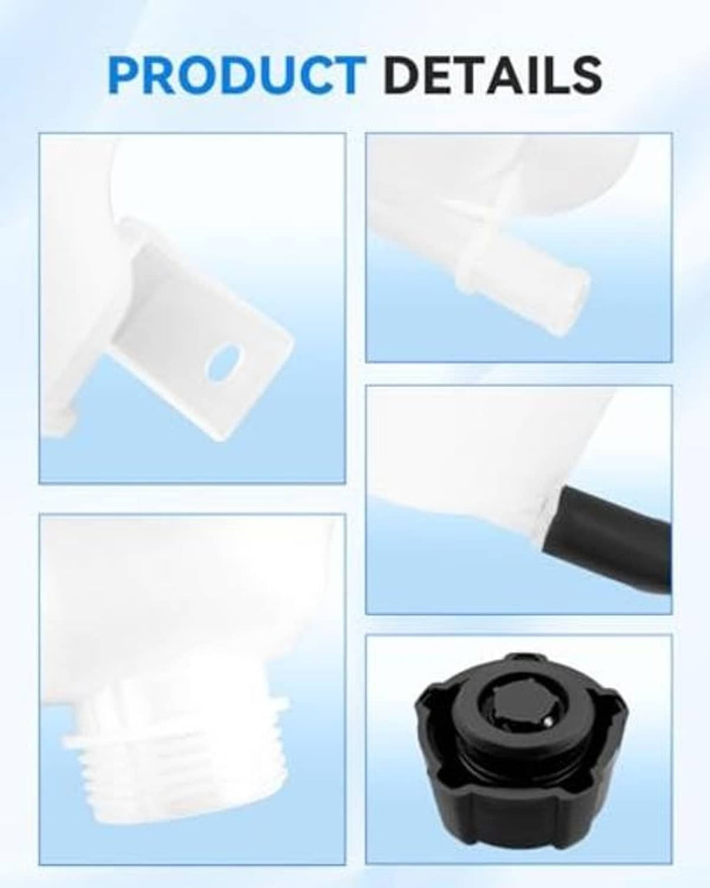 Engine coolant reservoir tank bottle parts with close-up of black cap