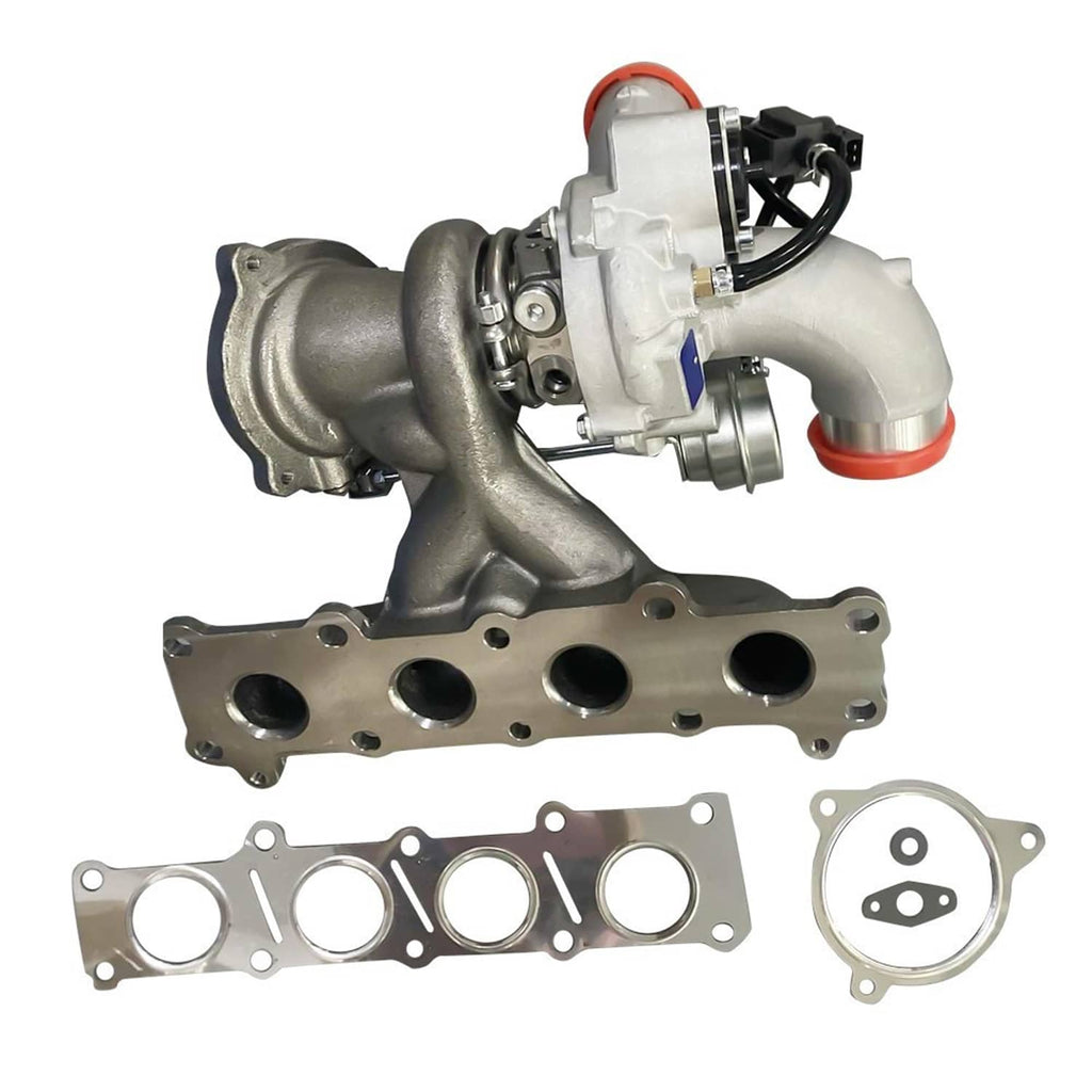 Turbocharger with cast housing and compressor outlet, plus included engine gaskets