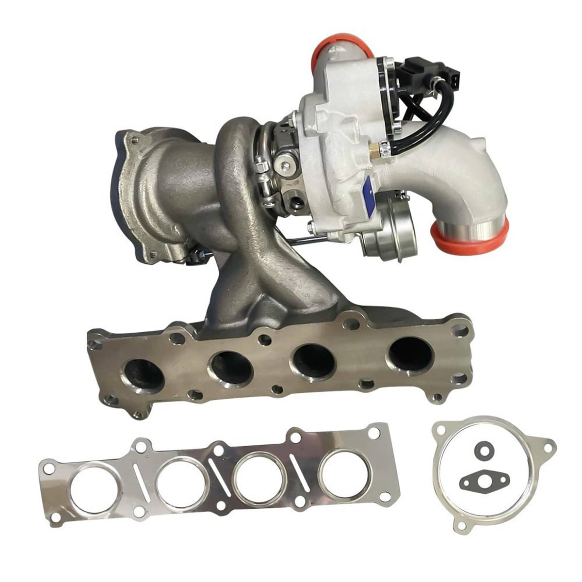 Turbocharger with cast housing and compressor outlet, plus included engine gaskets
