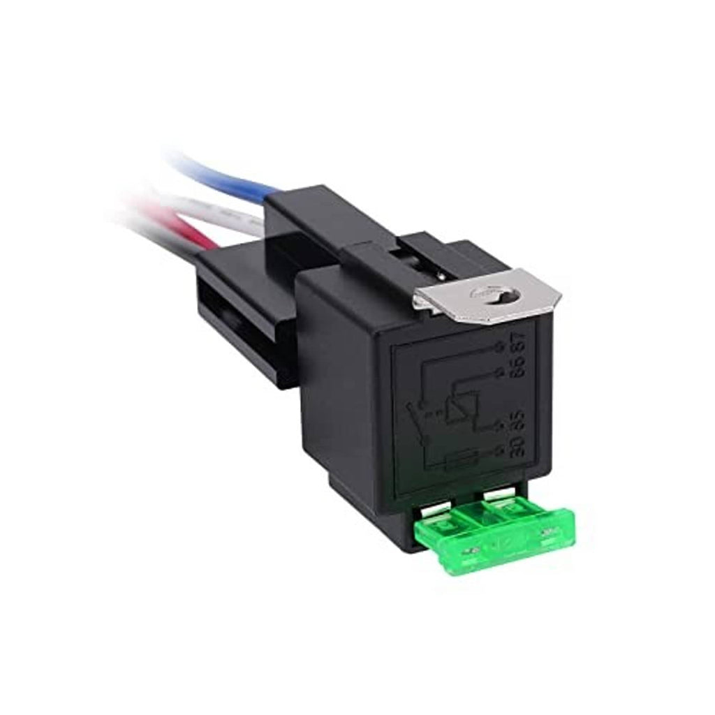 Fused DC SPST relay with 4-pin plug, green blade fuse, black body and wire leads