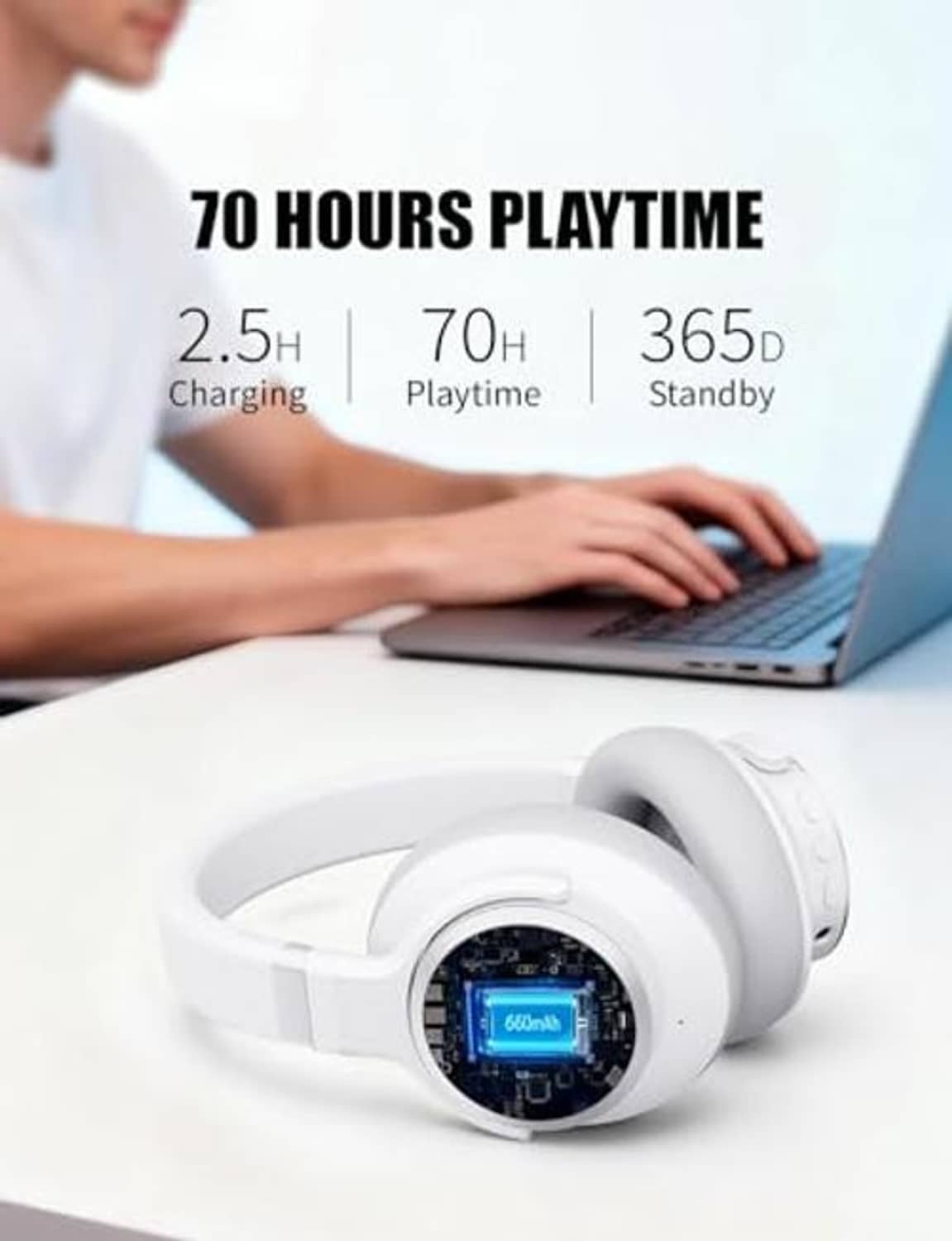 White over-ear headphones with open earcup showing a blue battery display, KVIO