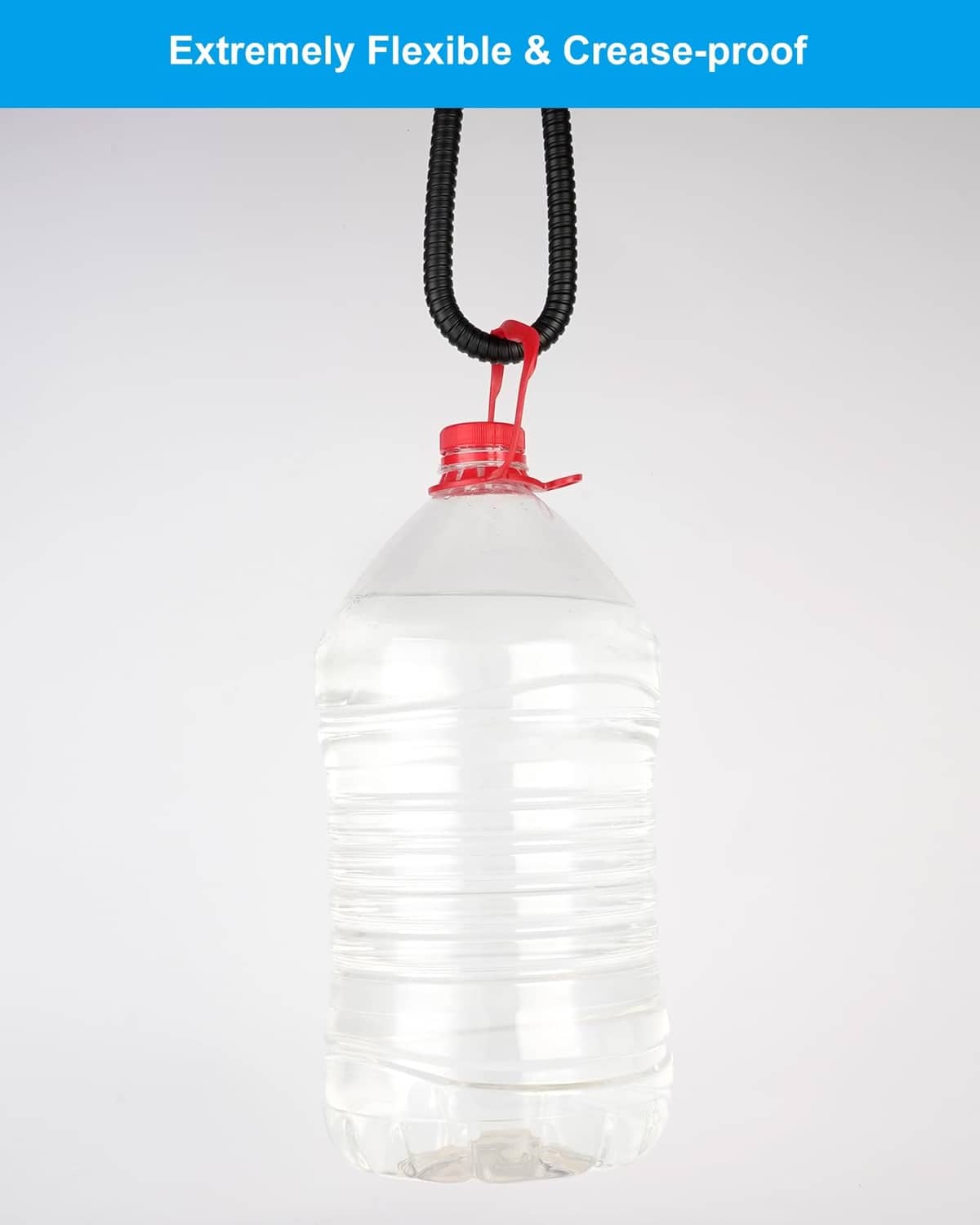 Flexible black shower hose with red-tied clip holding a clear bottle