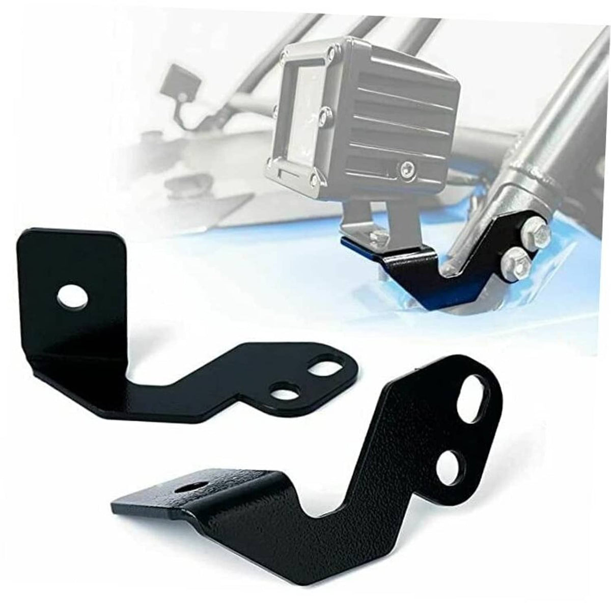 Black metal LED light mounting brackets with mounting holes, two-piece set