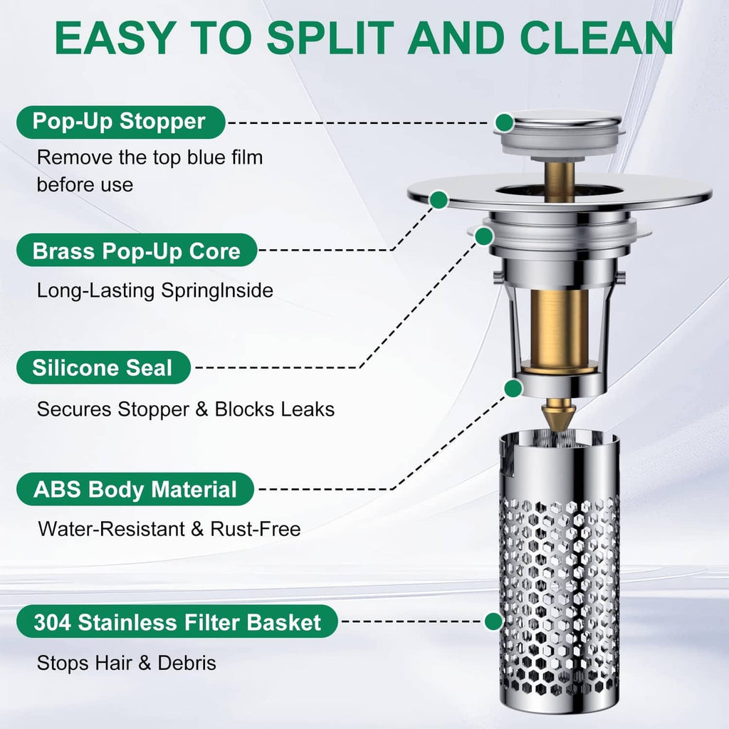 Bathroom sink pop-up stopper with brass core and perforated 304 stainless filter basket