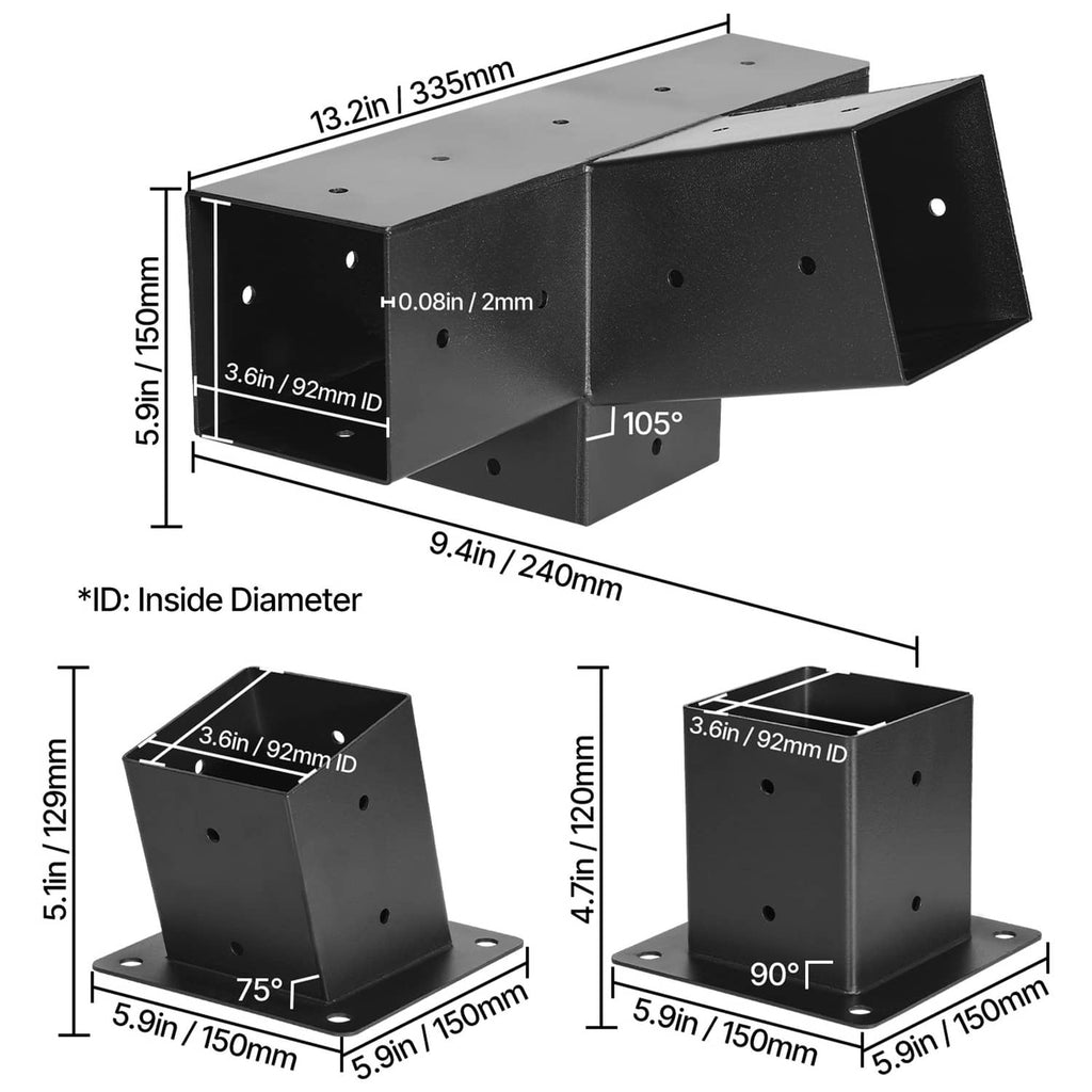 Measured black four-way pergola bracket dimensions with 75 and 90 degree mounting angles