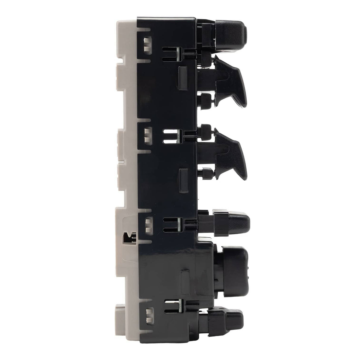 Master power window switch rear connector side view, black housing with plug terminals
