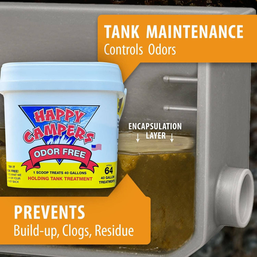 White bucket with Happy Campers Odor Free holding tank treatment label, front view