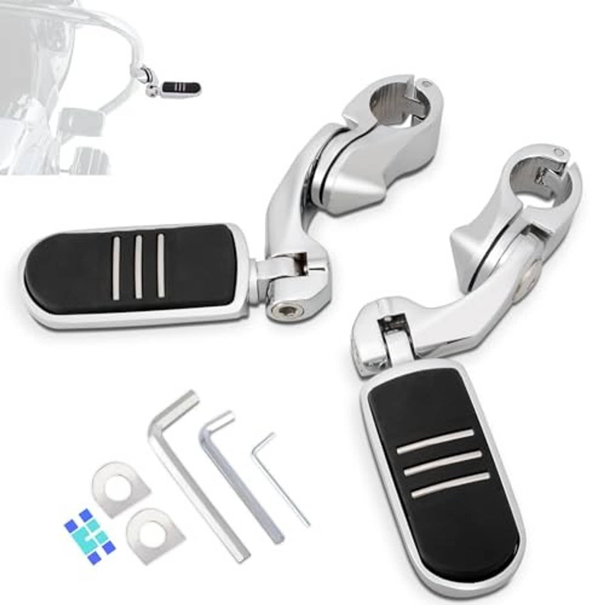 Pair of chrome short angled foot pegs with black non-slip pads and included screws