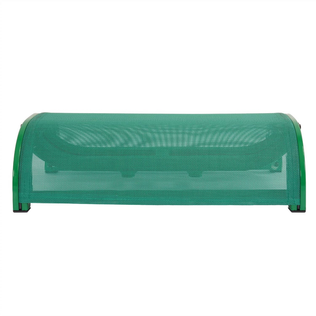 Green mesh boat seat with curved backrest and sturdy end brackets, front view.